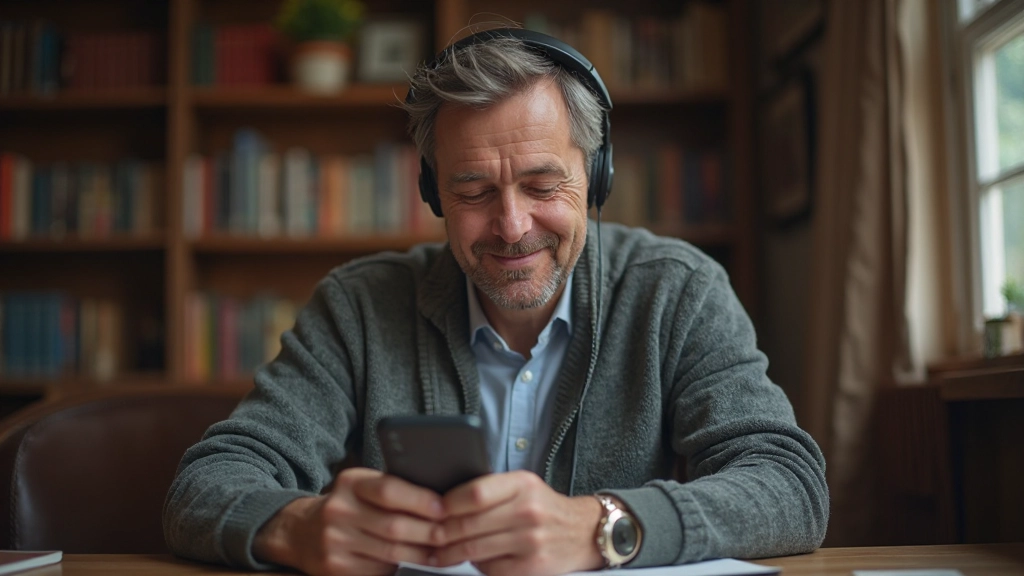 Volwassene die in een rustige bibliotheek aan een bureau zit en naar een smartphone luistert met koptelefoon
