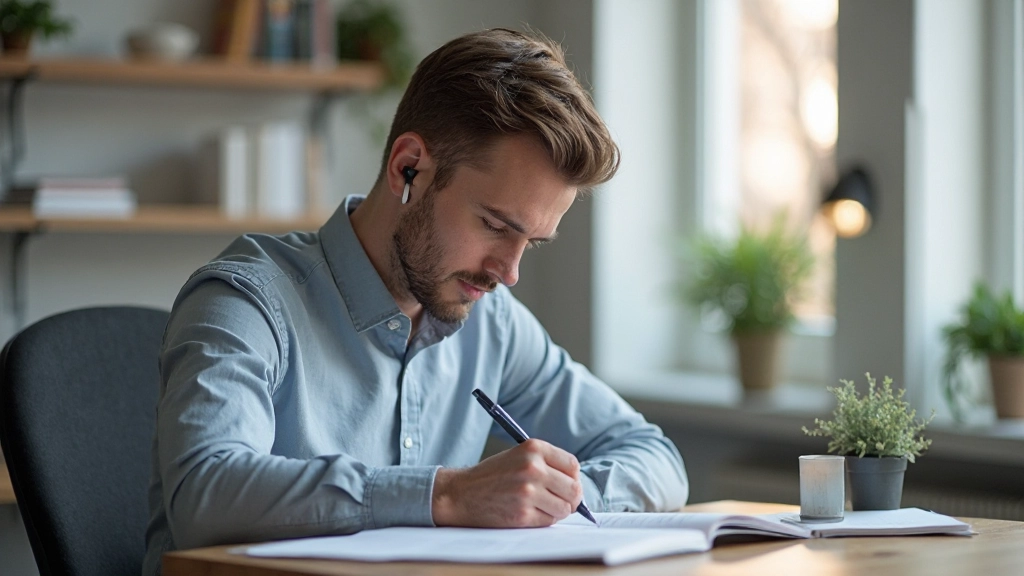 Man die aan een bureau zit en intens naar een scherm kijkt terwijl hij notities maakt