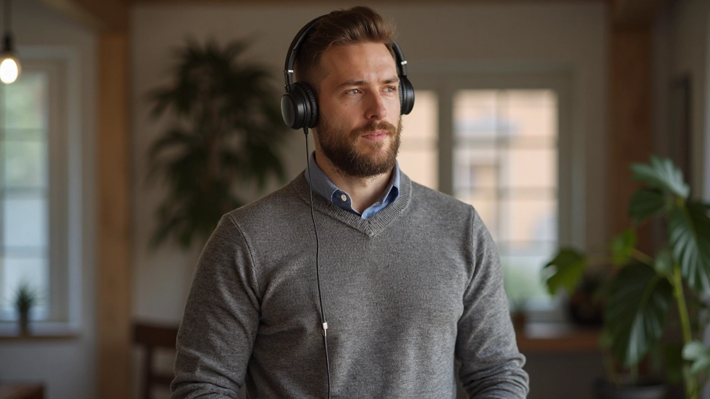 Man aan het oefenen van Nederlands met een koptelefoon in een rustige omgeving