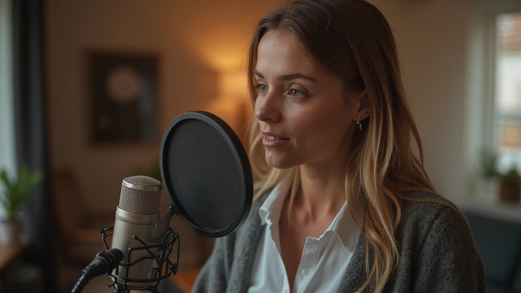 Iemand oefent Nederlands spreken, microfoon, opname-sessie, concentratie, huiswerk