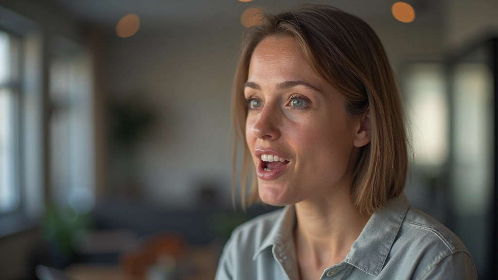 Close-up van iemand die spreekt, mondpositie en articulatie, natuurlijk gesprek, zachte verlichting