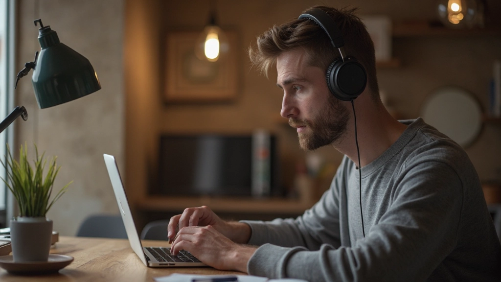 Laptop met podcast, smartphone met apps, koptelefoon, leermateriaal, huisstudy setup