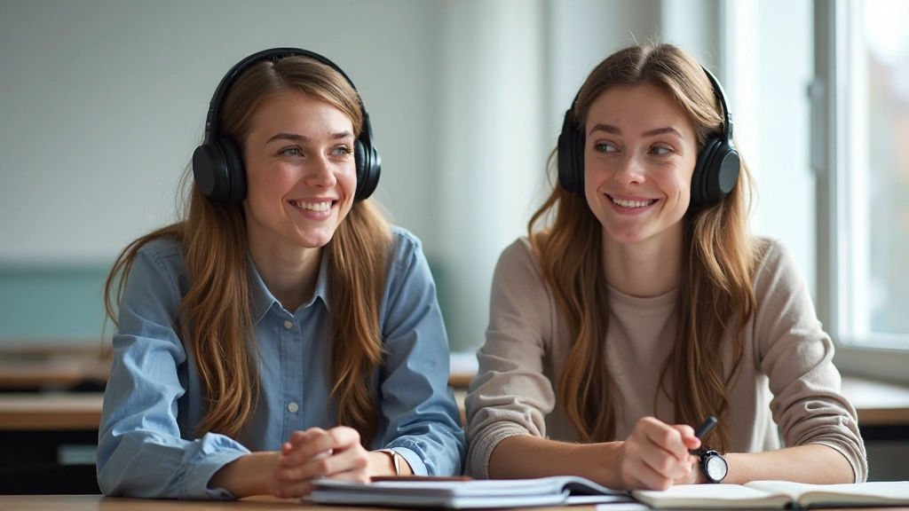 Diverse groep studenten die in een klaslokaal samen naar audio-inhoud luisteren met koptelefoons