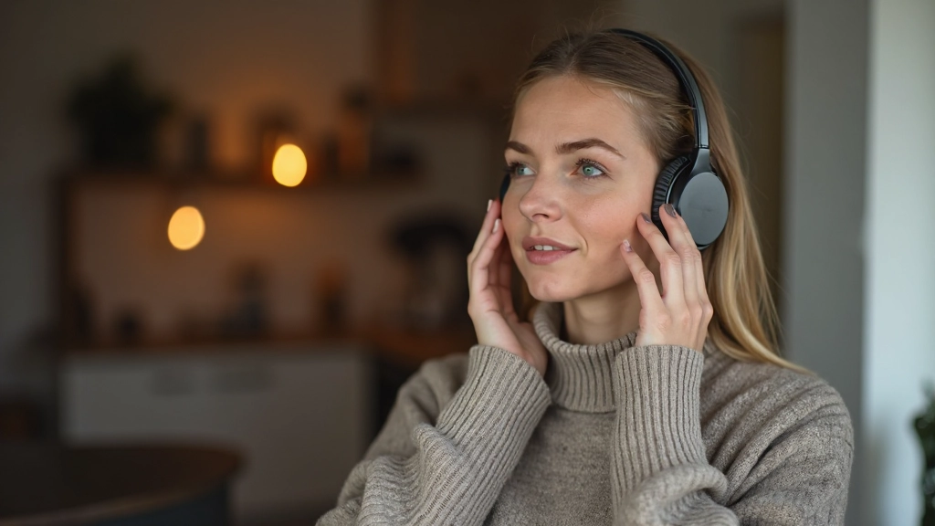 Vrouw met koptelefoon luistert aandachtig naar Nederlandse uitspraakoefeningen