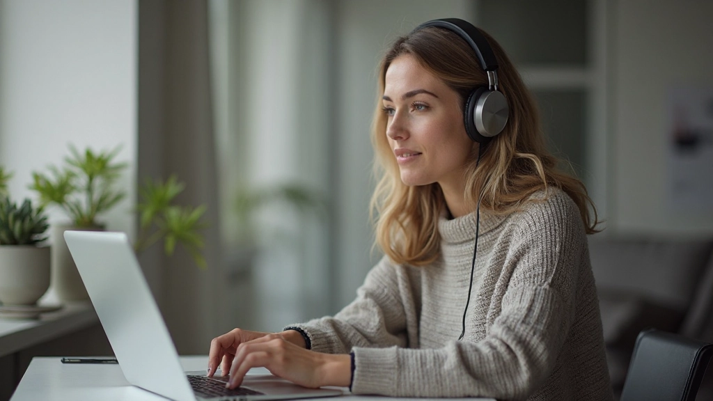 Vrouw in moderne werkruimte met koptelefoon op, gefocust op het beluisteren van audio-inhoud