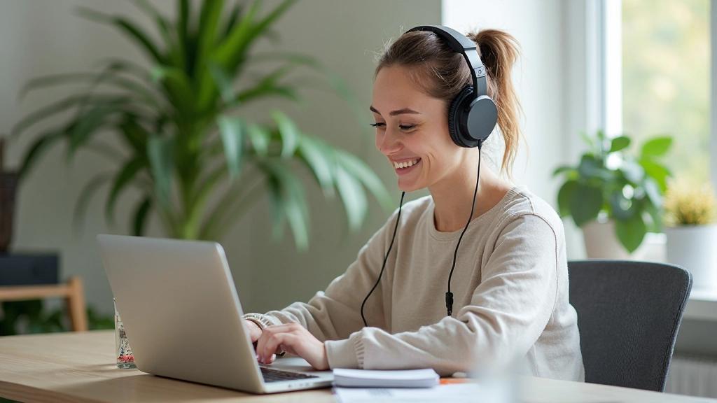 Persoon die aan een laptop werkt met koptelefoon op en glimlacht terwijl online inhoud wordt beluisterd