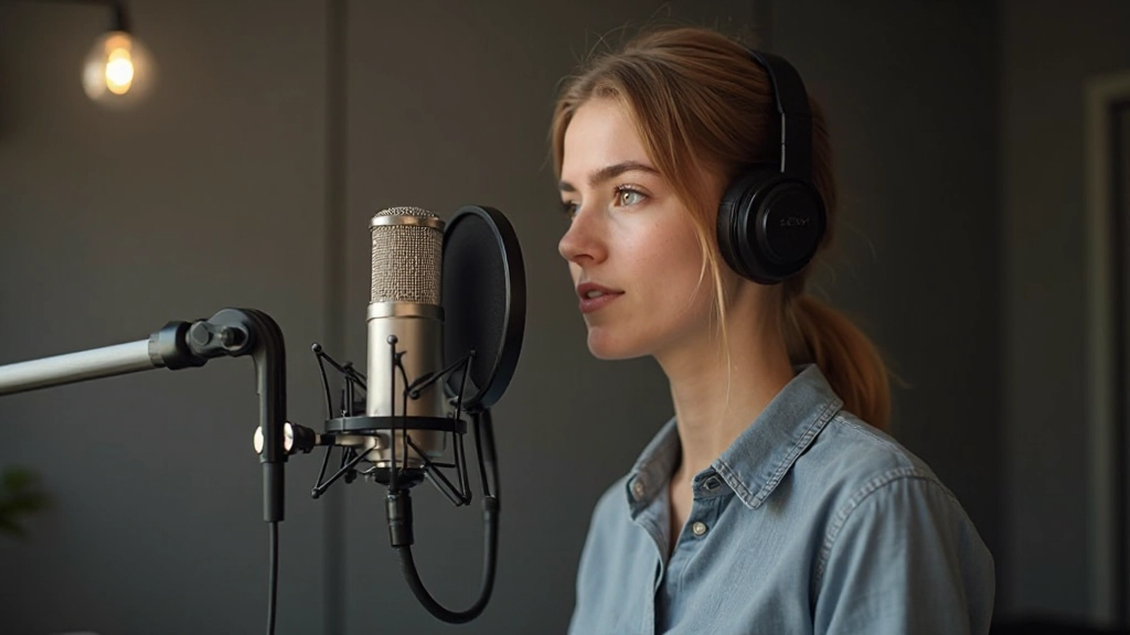 Jonge vrouw aan het spreken in een studio met microfoon, concentratieuiting